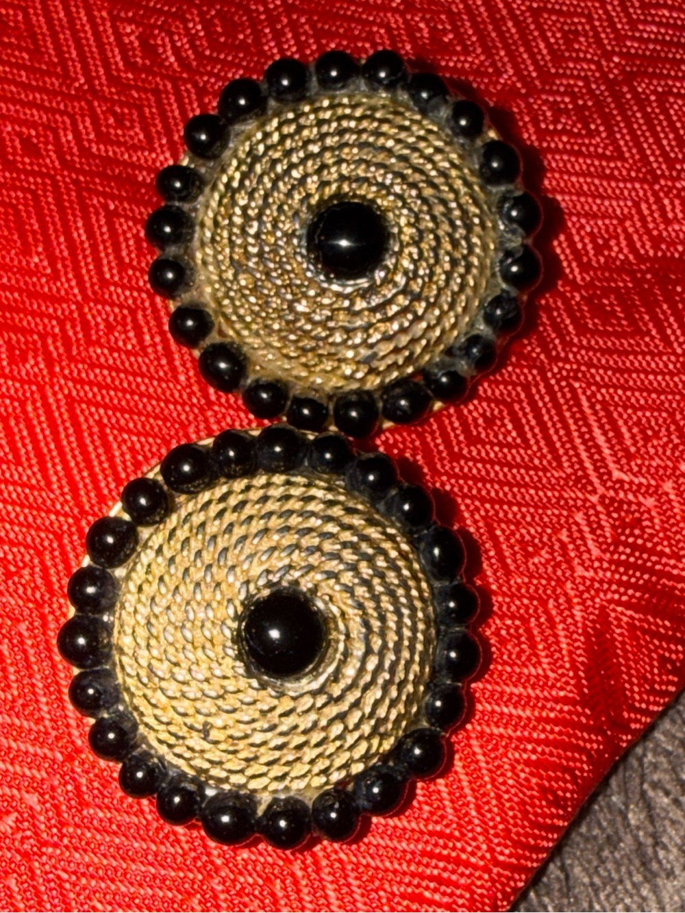 Onyx Gold Black Round Woven Swirls clip on  Earrings VINTAGE